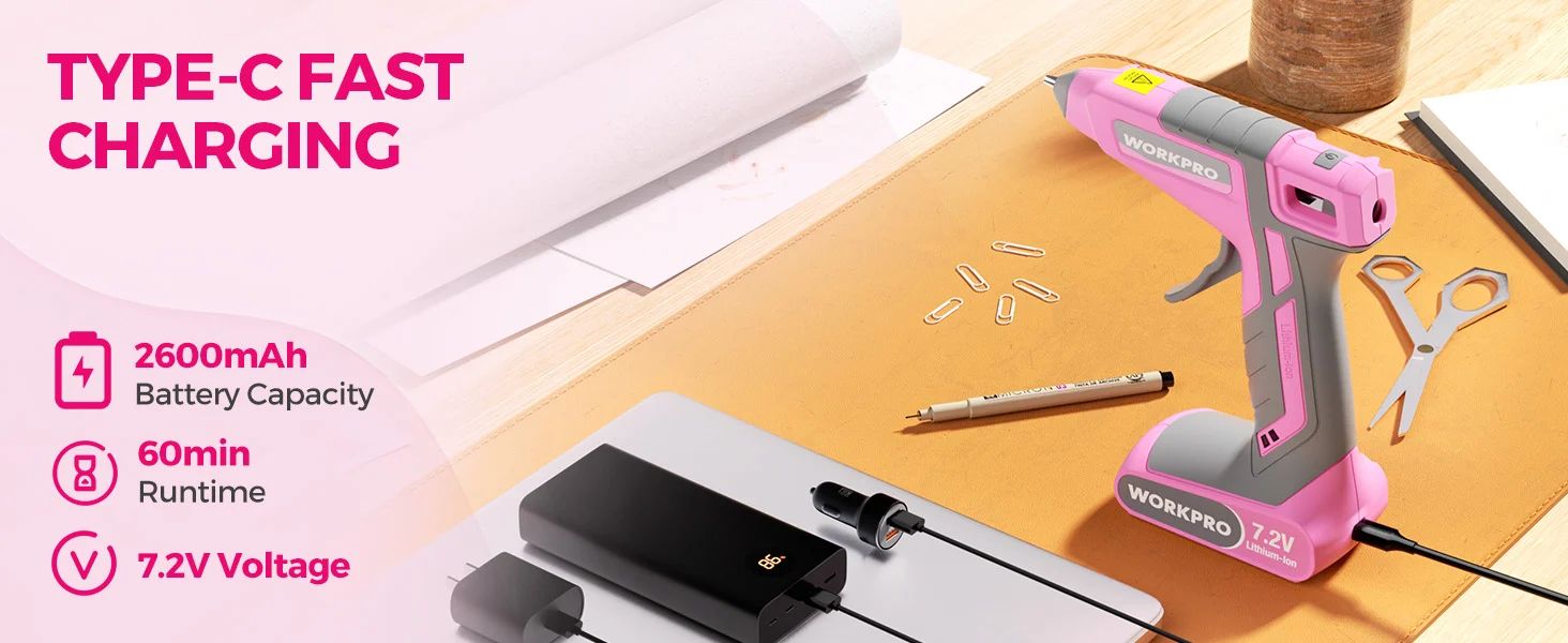 Type C fast charging power tool charger with pink and gray device, cables, and tools on a wooden desk