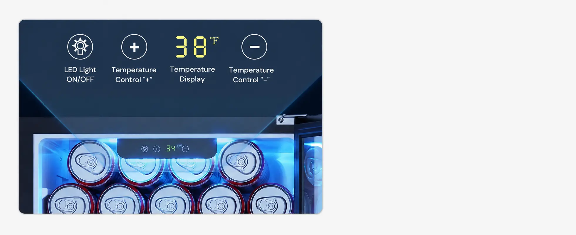 Kismile beverage refrigerator smart control panel with LED light and temperature controls