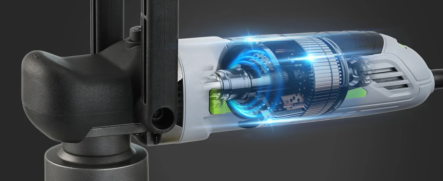 Power tool head with blue-lit internal motor components, showing innovation and secure, durable design