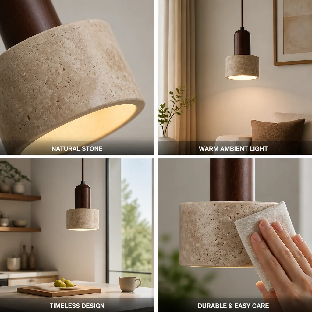 Pendant Lamp Natural Travertine Stone Warm Ambient Light - Image 3