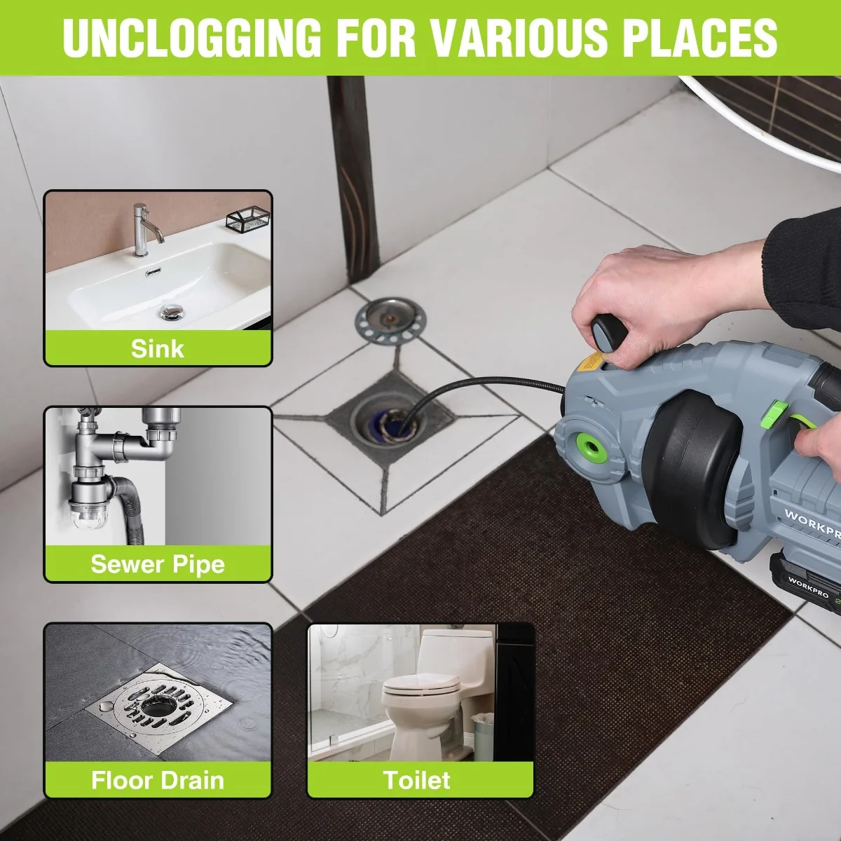 WORKPRO 20V Electric Drain Auger with 2.0AH Battery and Charger - 25Ft Plumbing Snake Drain Hair Removal Tool Set - Image 4