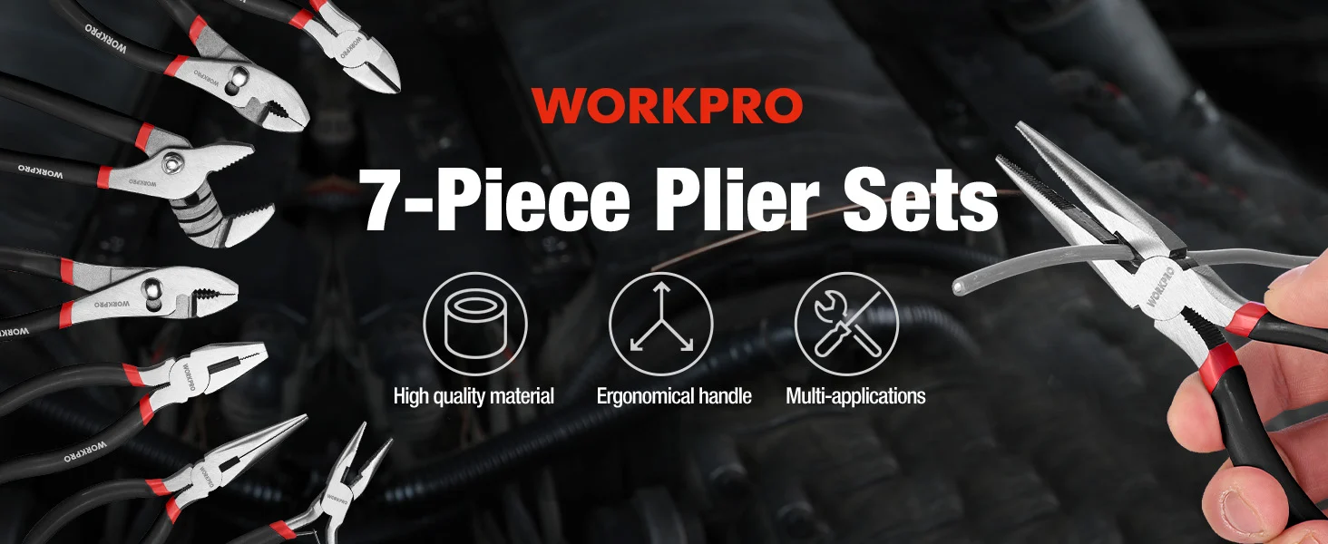 7-piece plier sets with WORKPRO tools, innovation and quality, showing high-quality jaws and ergonomic handles