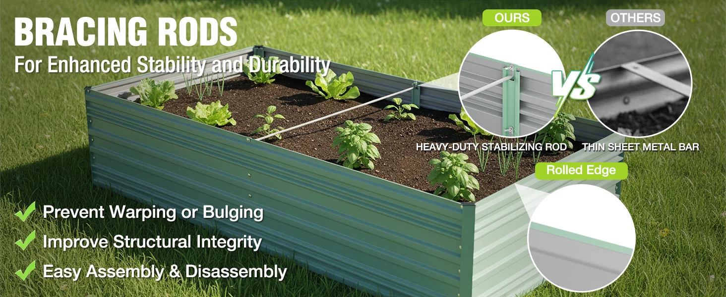 Green metal raised garden bed with soil and seedlings, showing stabilizing rods versus thin sheet metal bar