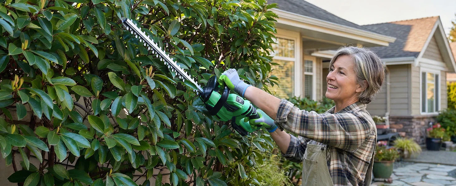 Gardener pruning a leafy shrub with a green and black hedge trimmer outside a house, showing innovation and quality