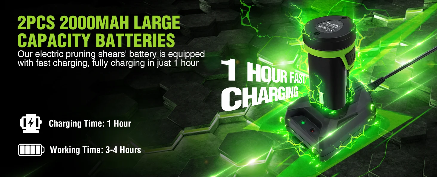 Electric pruning shears battery with green lightning graphics and charging time text, showing innovation and quality
