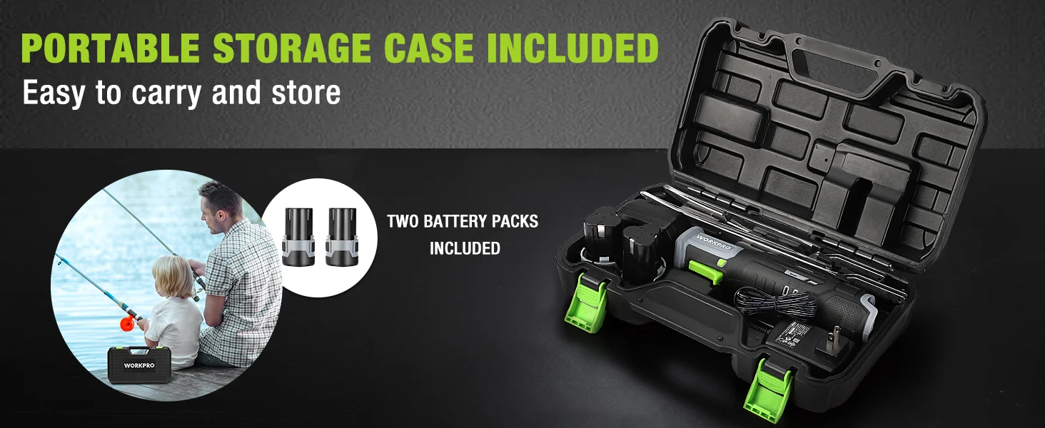 Portable storage case with two battery packs, green accents, and tools inside, shown on a dark background