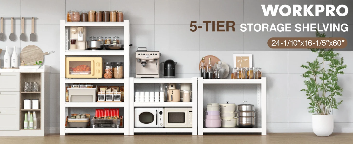 Kitchen storage shelving unit with open compartments and appliances, showing innovation and quality in a tidy room