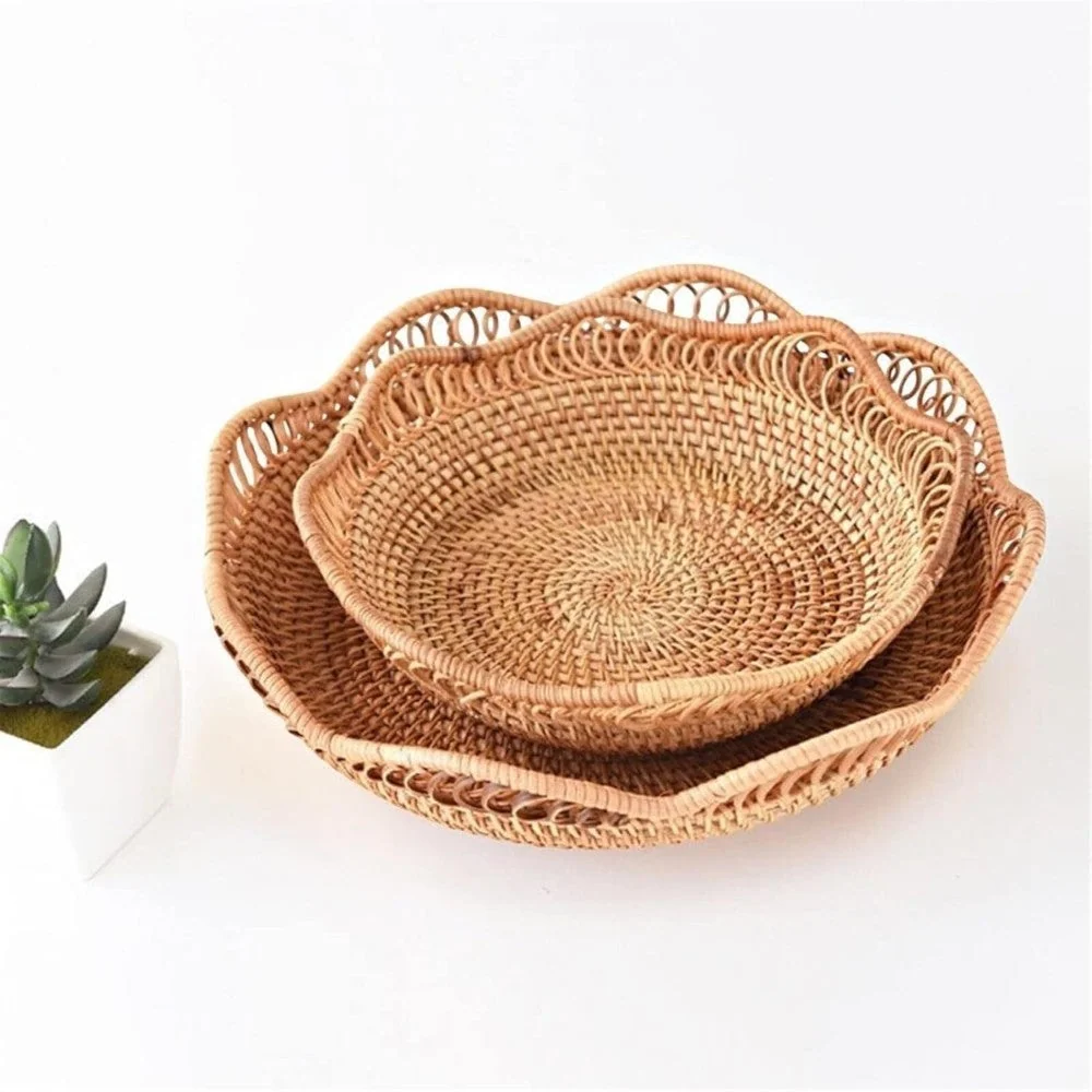 Storage Basket Handwoven Rattan Floral Design - Image 7