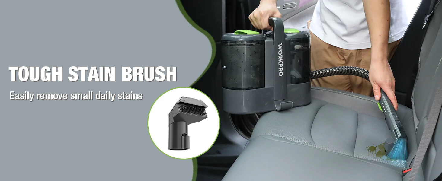 Hand vacuuming a gray car seat with a brush head, with innovation and quality shown on the screen