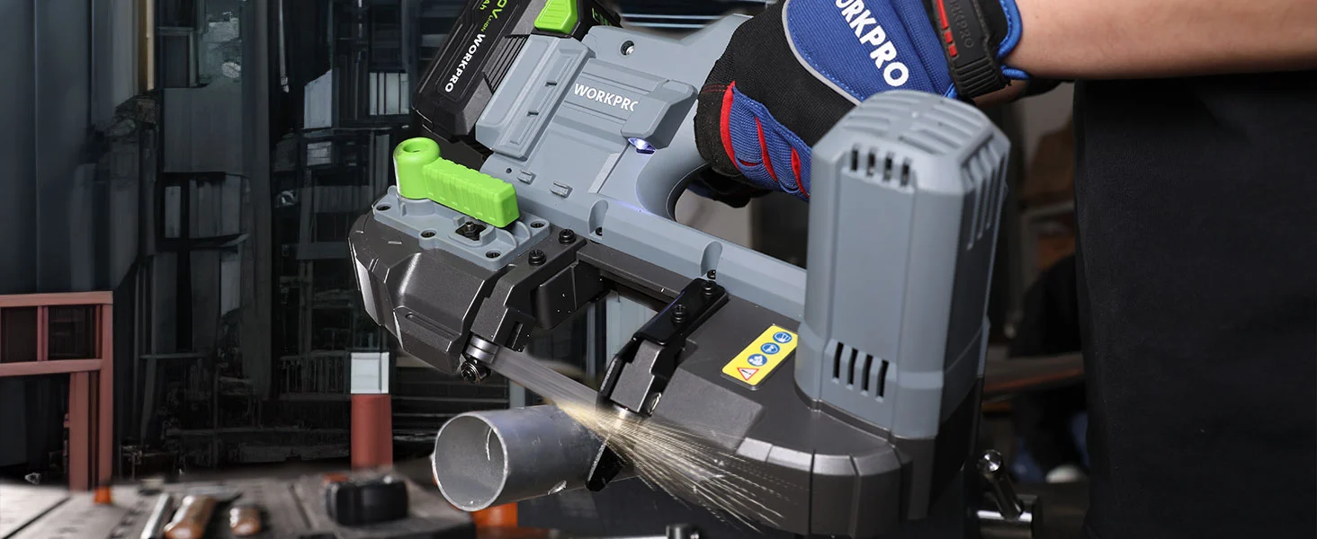 Power tool cutting metal pipe with sparks, showing innovation and durable quality in a workshop setting