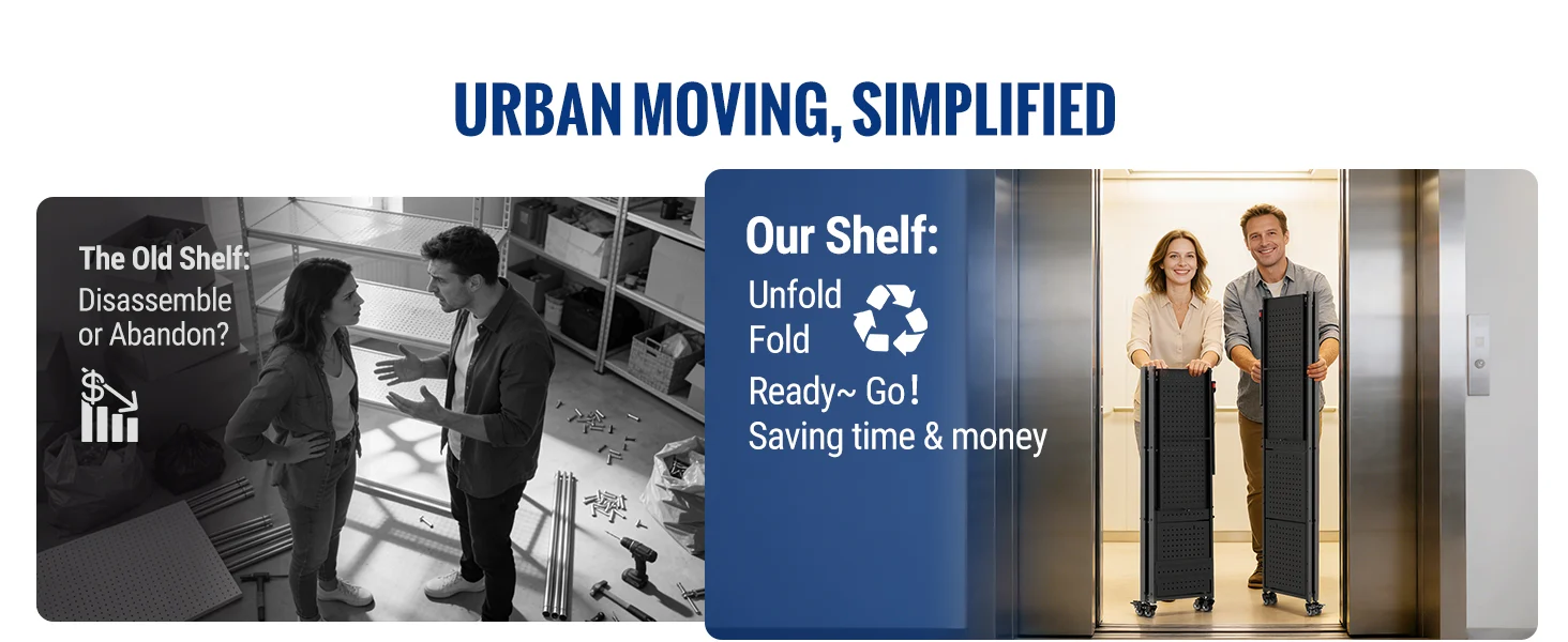 Moving storage shelves with people carrying units, showing innovation and quality in a simple urban setup