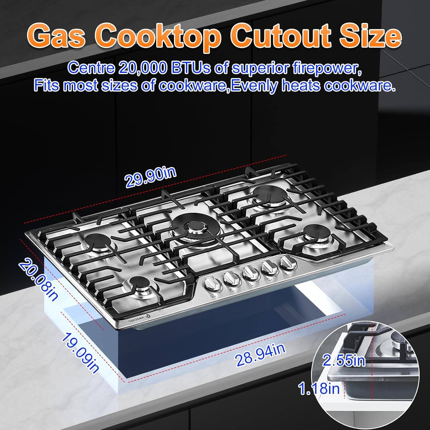 AMZCHEF 30" 36" Gas Cooktop with 5 Made in Italy SABAF Power Burners 2