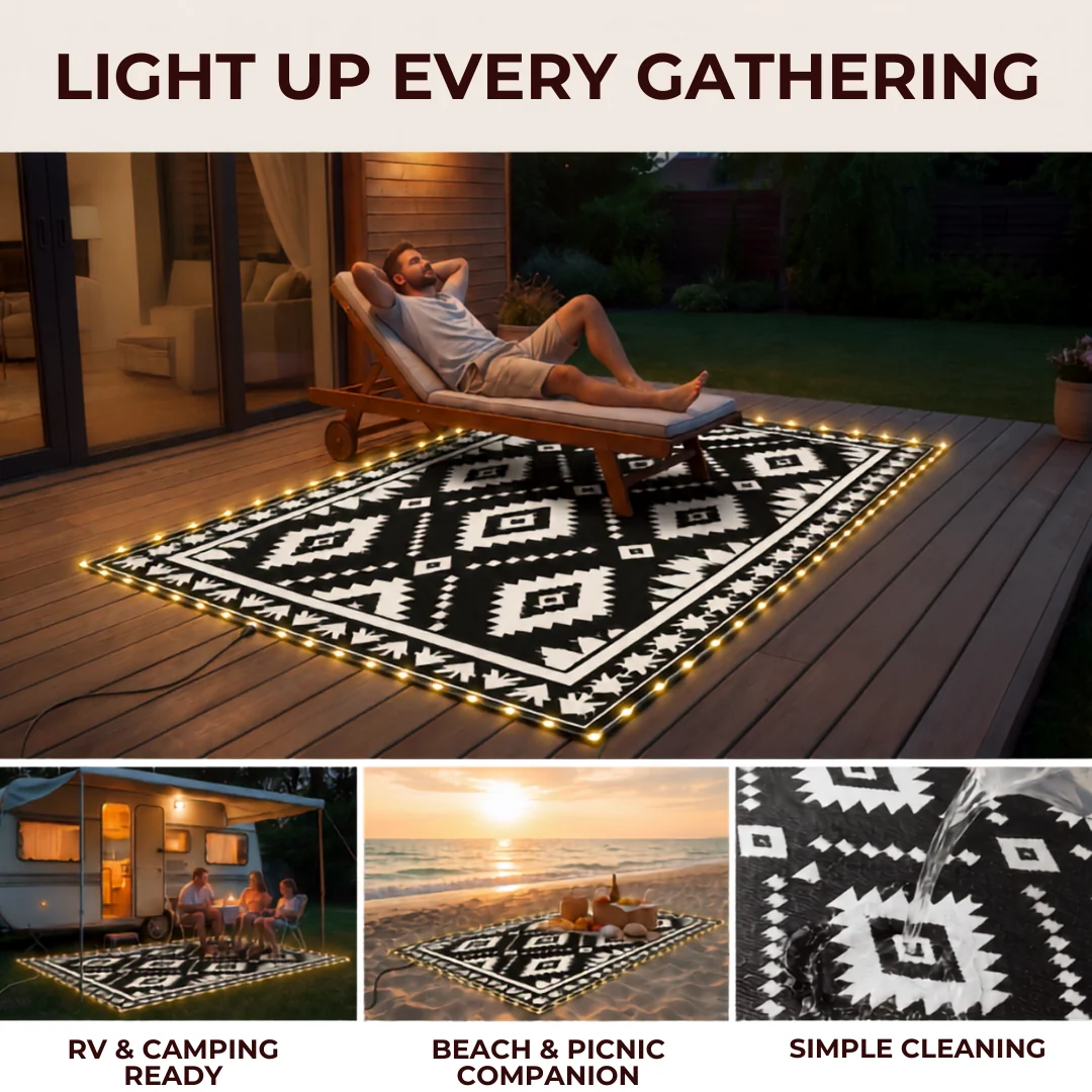 5x8 ft Reversible Patio Rug with LED Strip Light and 9 ft Cord