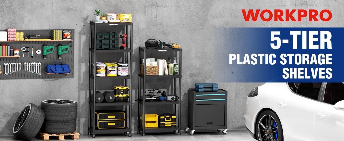 Garage tool storage shelves with WORKPRO branding, showing plastic storage units and a car wheel near the wall