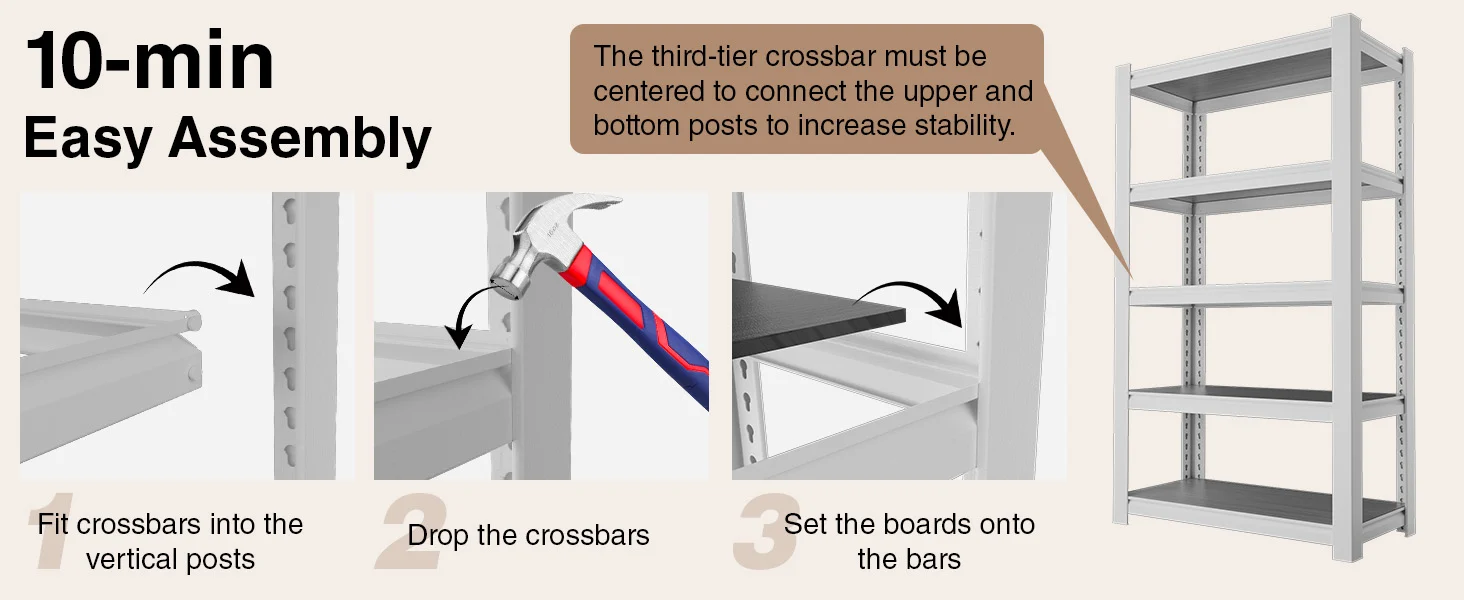 Metal shelving unit assembly steps with a hammer and crossbars, showing stable, quality construction and durable frames