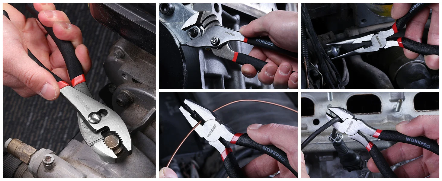 Hand tools in use, with innovation and quality, showing high-quality pliers and secure, durable wire work