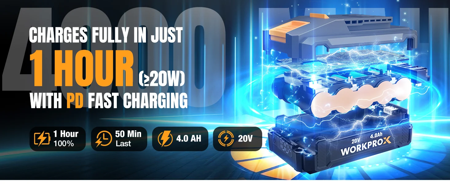 Futuristic battery charger with blue electric sparks, showing charging time and voltage in a digital graphic