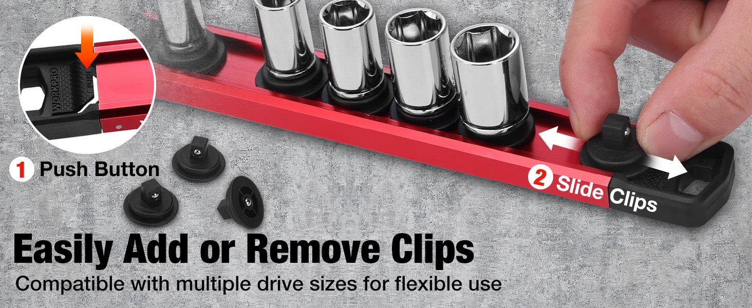 Socket wrench set with chrome sockets on a red rail, showing push button and slide clips for easy clip removal