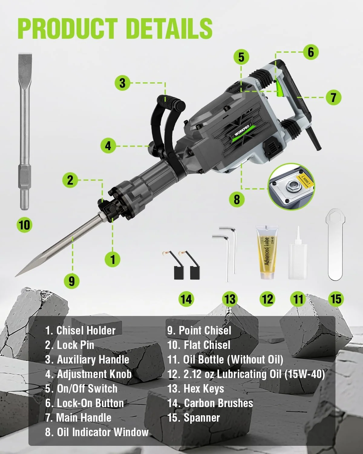 WORKPRO 60 J Demolition Jack Hammer – 15A Heavy Duty Electric Concrete Breaker, 1900 BPM Industrial Jackhammer with 2 HEX30 Chisels, UL Plug, Wheeled Carry Case for Construction & Renovation - Image 2