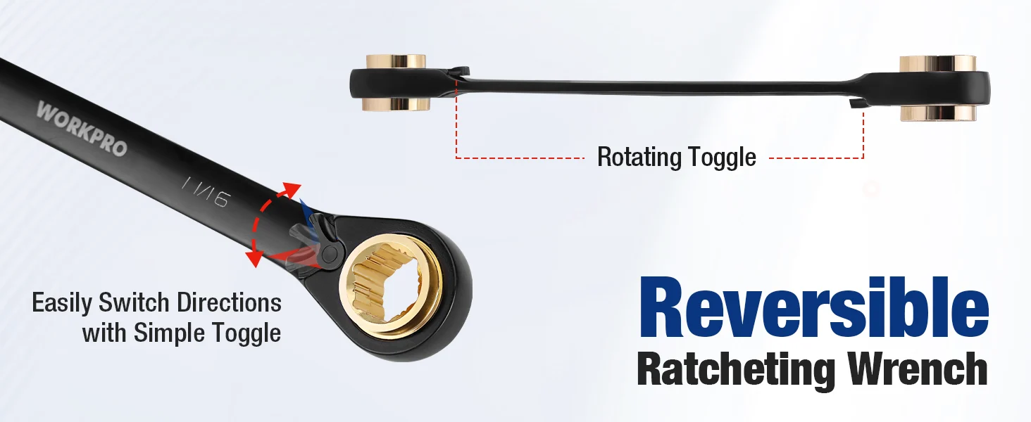 Ratcheting wrench with rotating toggle and gold socket, showing direction switching and reversible ratcheting mechanism