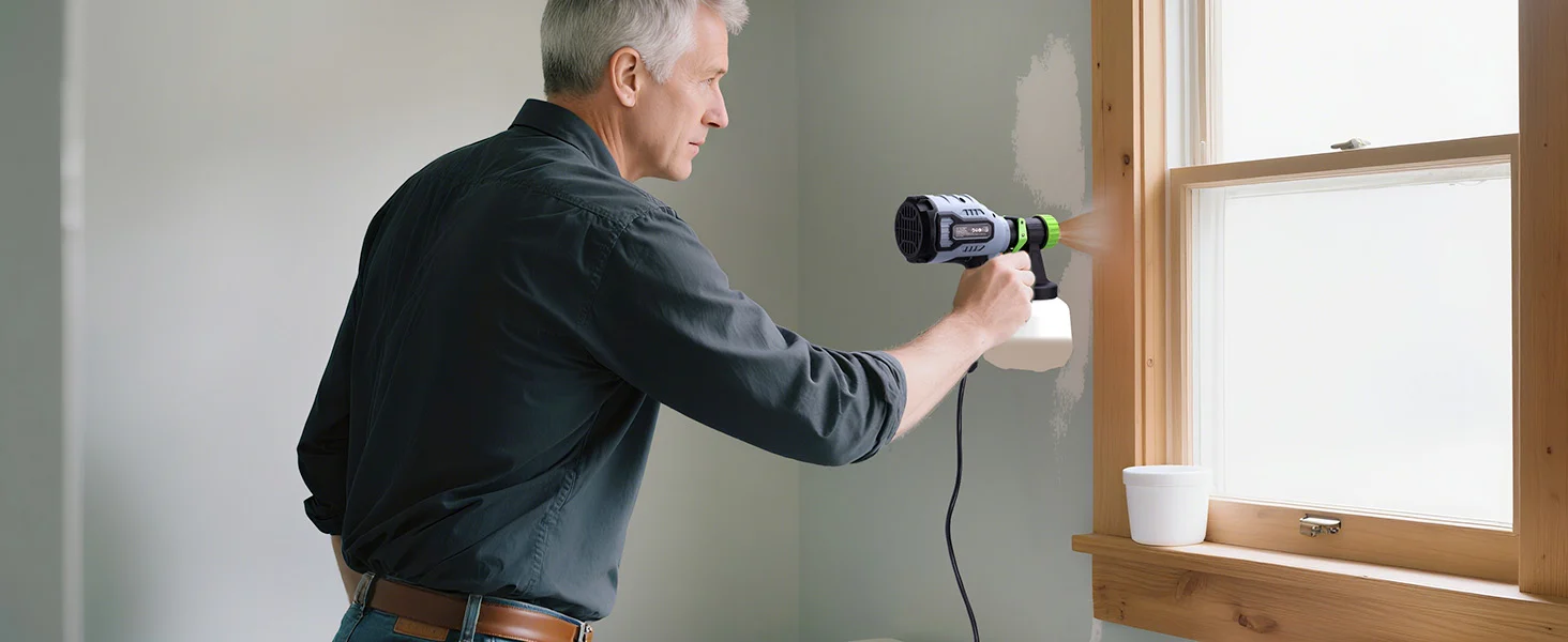 A man drills a wall near a window frame, using a power tool to patch drywall for durable, secure home work