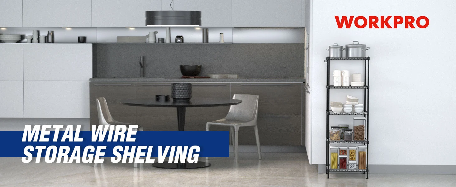 Metal wire storage shelving beside a modern kitchen counter with stacked jars and cups, Workpro branding visible