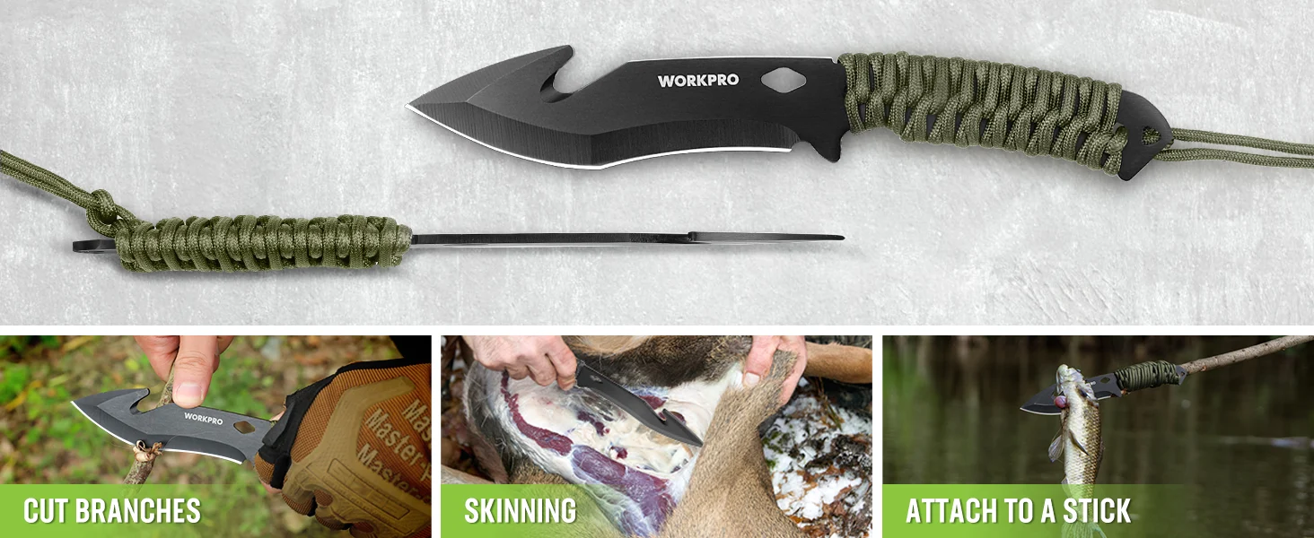 Workpro knife with green paracord handle and sheath, shown with cut branches, skinning, and attaching to a stick