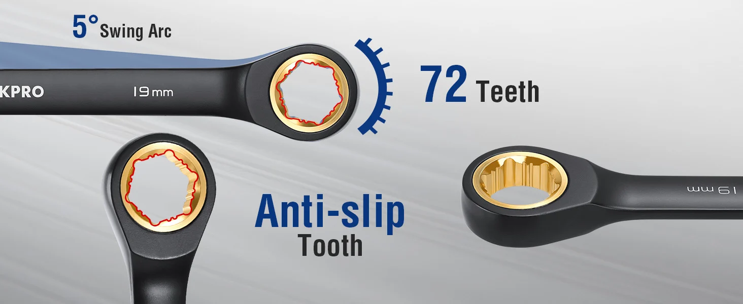 Adjustable wrench head with 5 degree swing arc, 72 teeth, and anti slip tooth design for secure grip