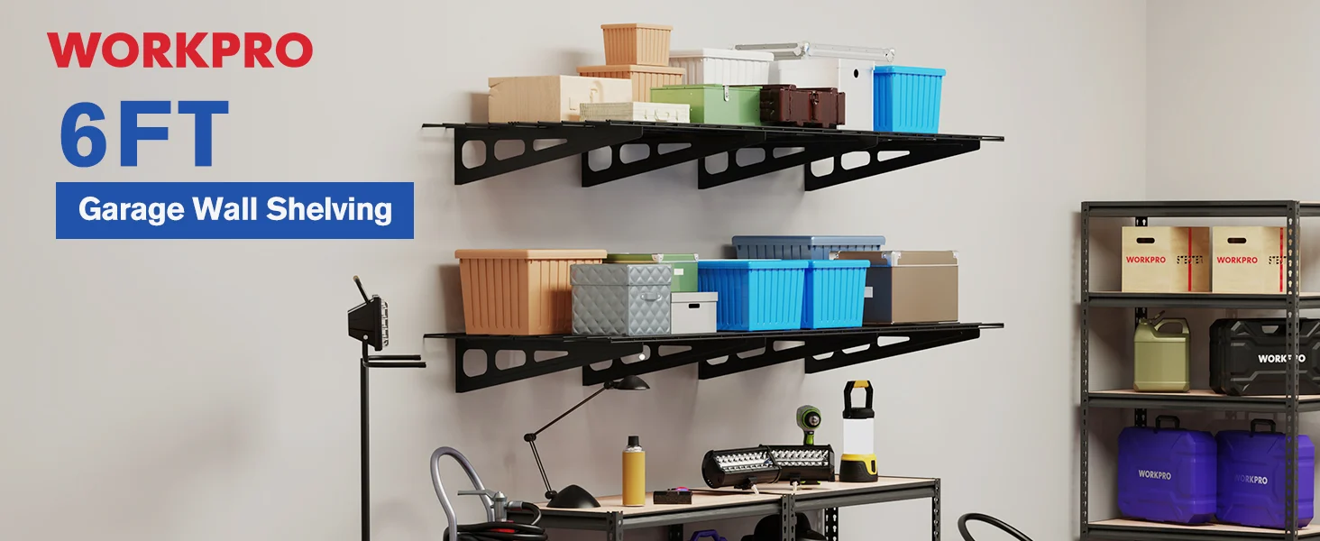 Garage wall shelving with stacked storage bins and tools, showing innovation and quality in organized storage