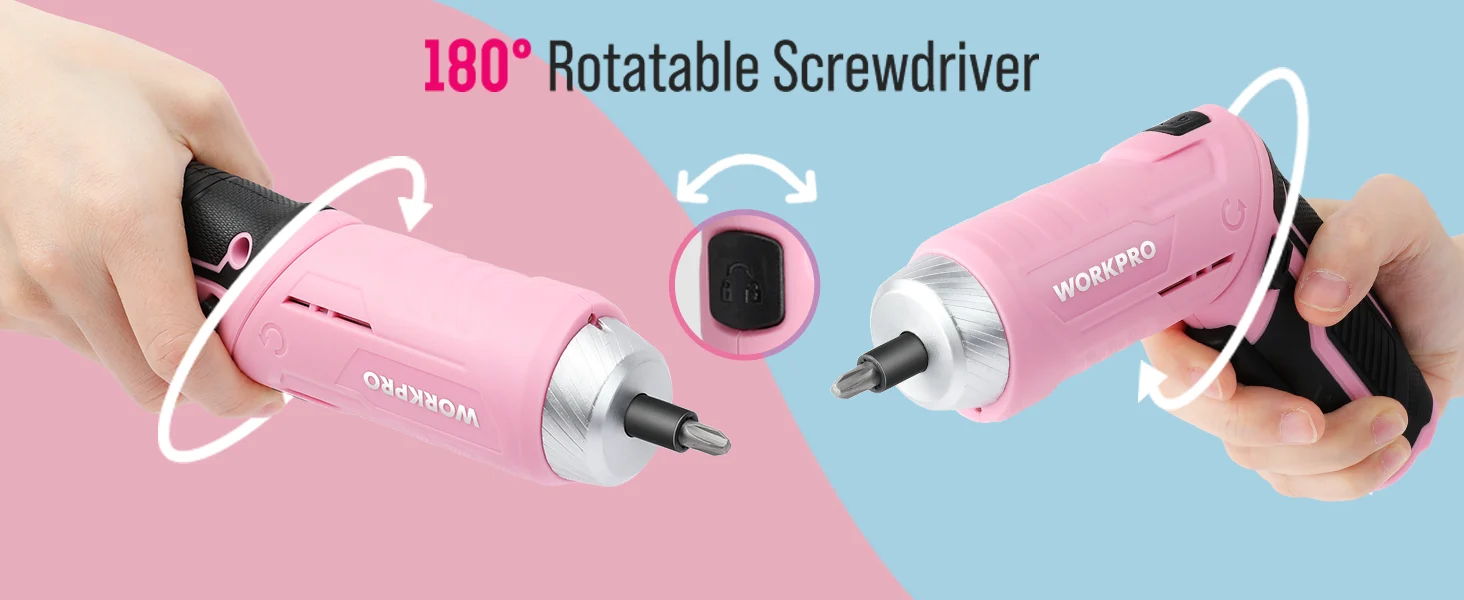 Pink Workpro rotatable screwdriver with innovation and quality shown by hands holding it, plus a visible 100 degree angle