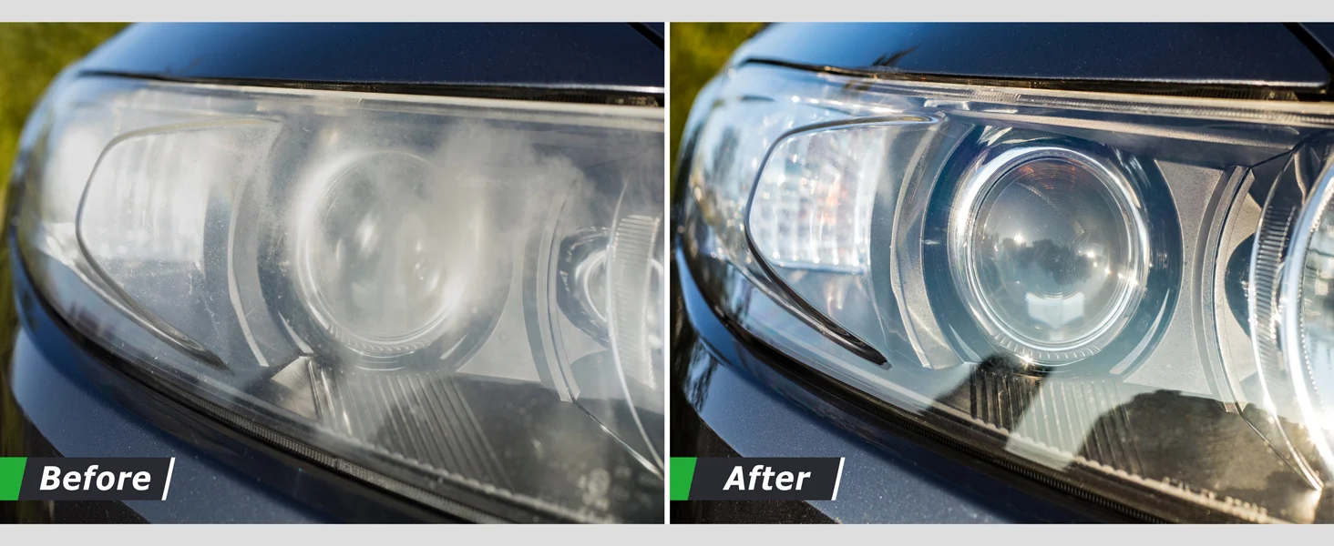 Car headlight before and after, showing a polished lens and clear reflector with visible improvement