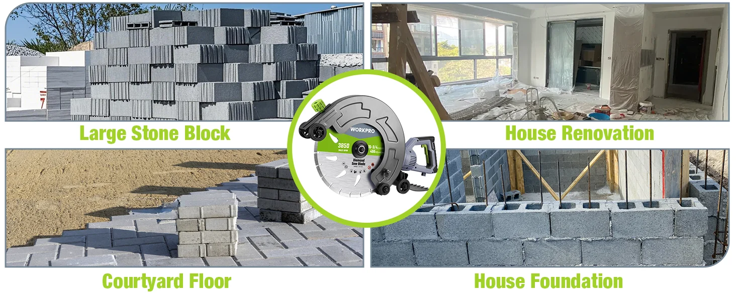 Construction collage showing stone blocks, a courtyard floor, a house foundation, and a circular saw for innovation and quality
