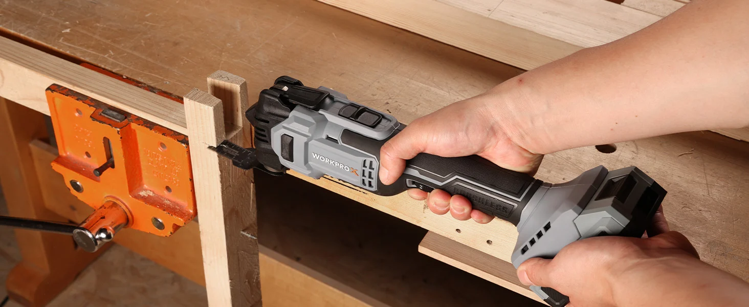 Hand using a Workpro tool on wooden beams, showing innovation and quality with a secure, durable grip