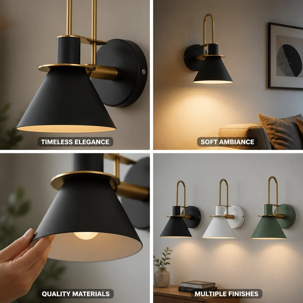 Wall Lamp Conical Metal Shade Curved Gold Arm - Image 5
