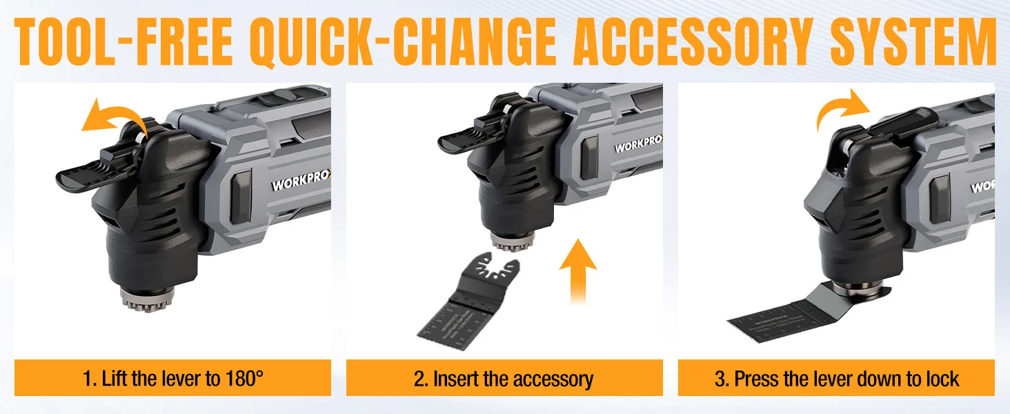 Multi tool accessory system with lever steps for quick change, showing secure locking and high-quality design