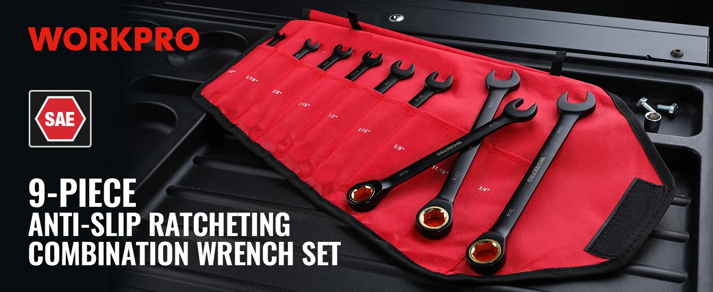 Red tool roll with open-end wrenches and ratcheting combination wrenches in a black case, showing SAE sizes