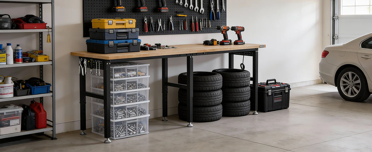 Garage workshop bench with tools on pegboard, stacked tires, and storage drawers, showing innovation and quality