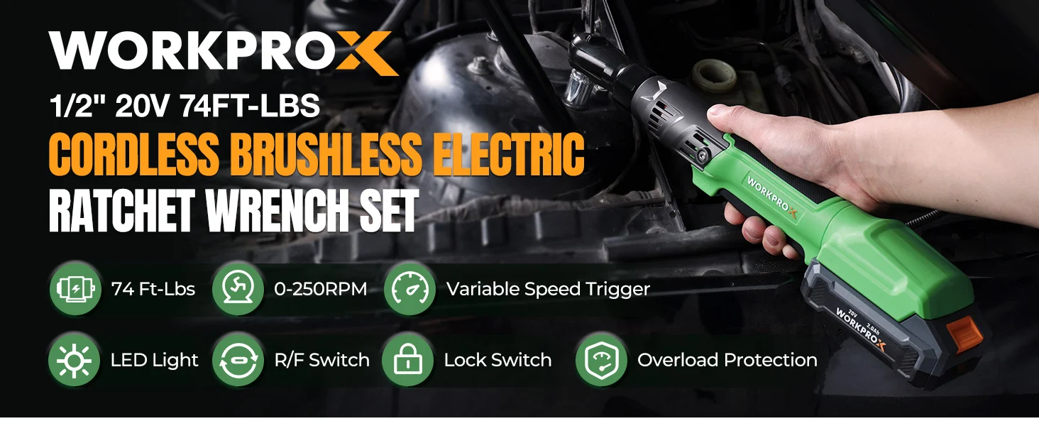 Cordless brushless electric ratchet wrench set with innovation and quality, shown in a car engine bay