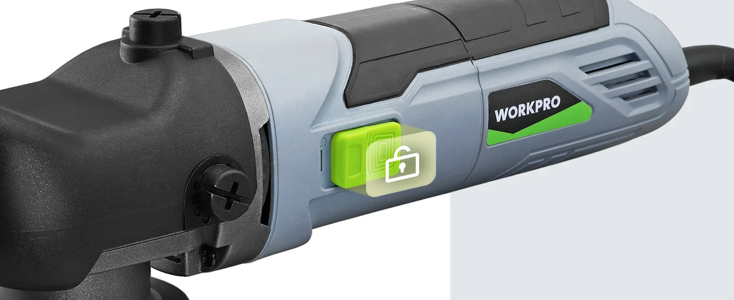 Angle grinder tool with black and gray body, green label, and innovation quality durable secure design details