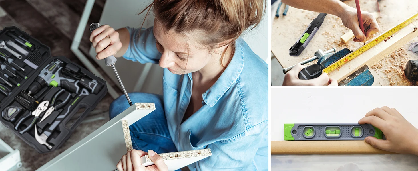 Woman using a spirit level and tools, showing innovation and quality in home construction work