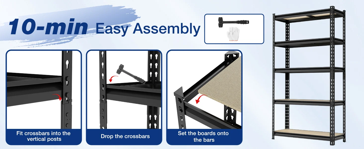 Metal storage rack assembly steps with vertical posts and crossbars, showing hands and boards being set