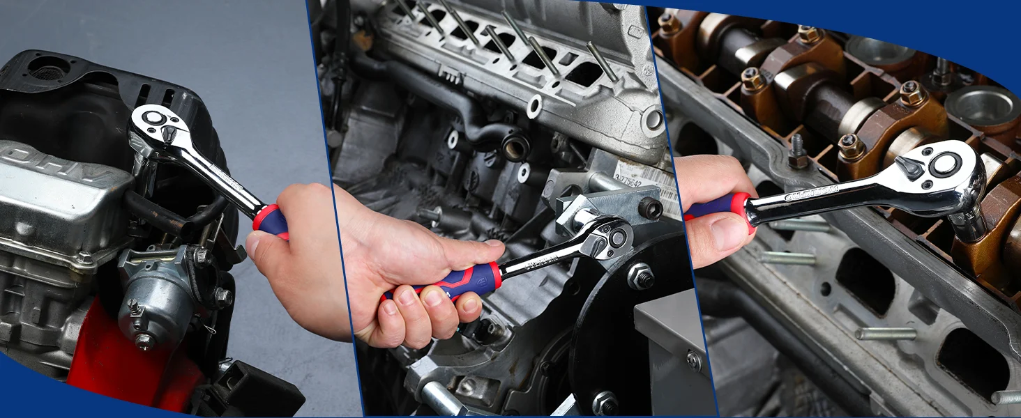 Mechanic uses a wrench and screwdriver on a car engine, showing innovation and quality during repair work