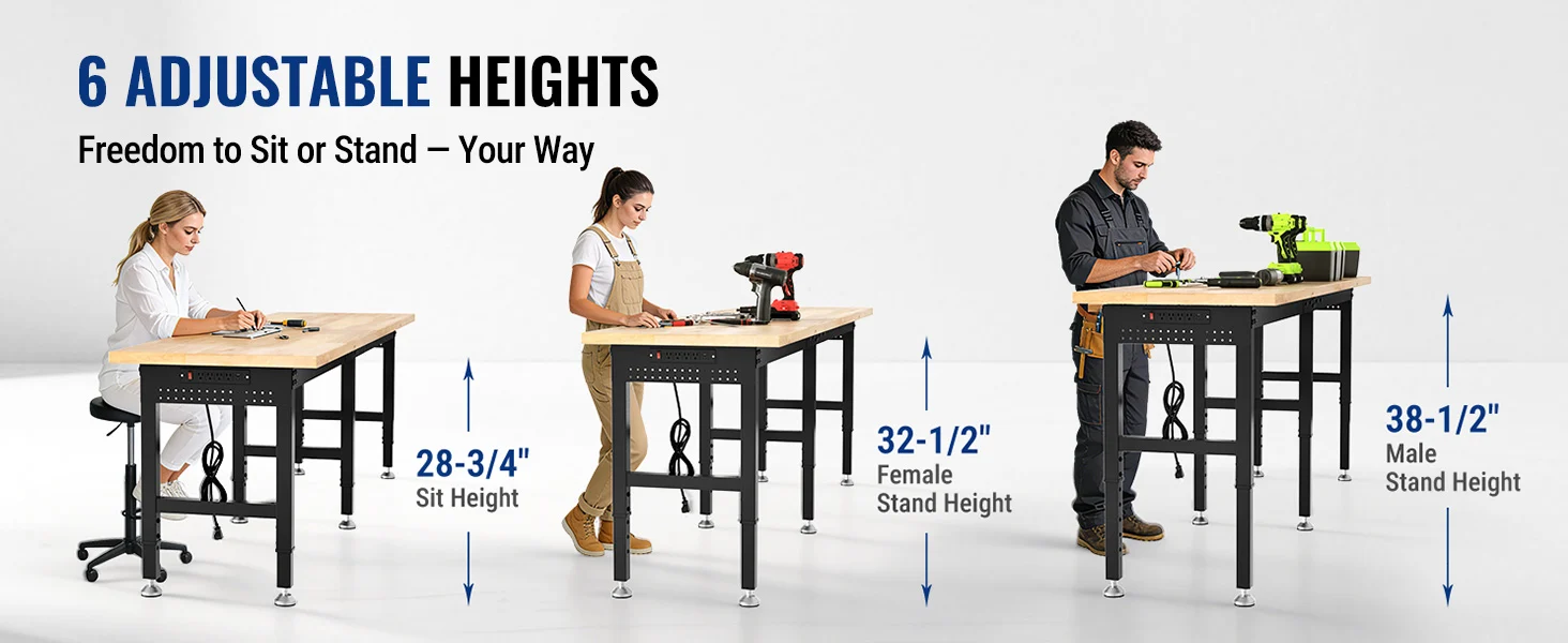 Adjustable workbench with seated and standing people, power tools on top, and height measurements shown