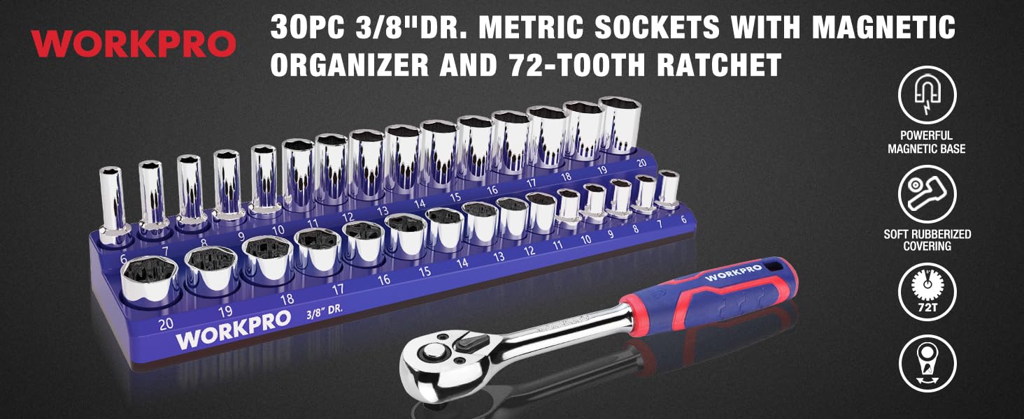 Workpro socket set with magnetic organizer, innovation in quality metal sockets, durable ratchet handle