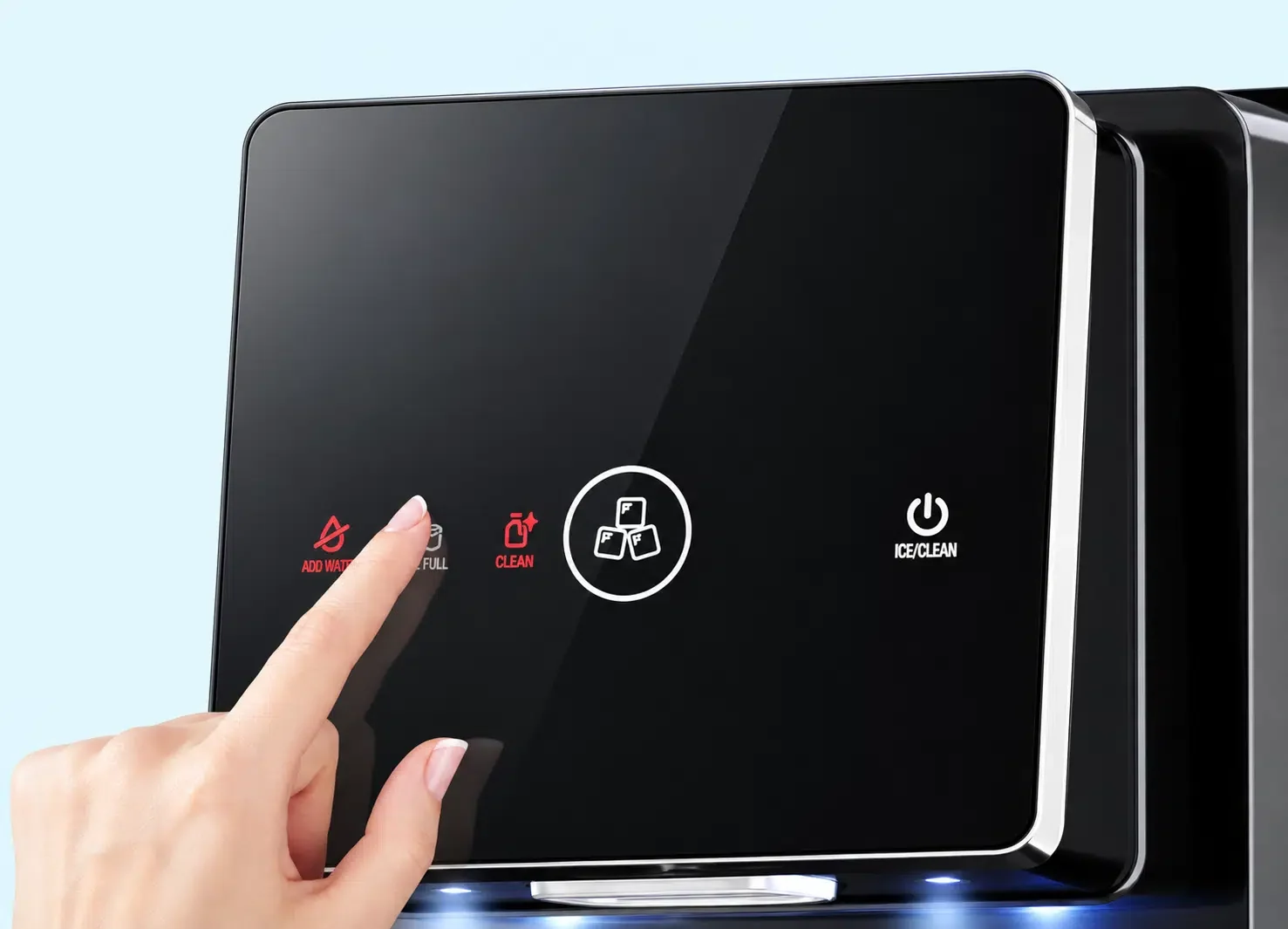 Close-up of the Kismile 58015RIM0 nugget ice maker touch controls and status indicators