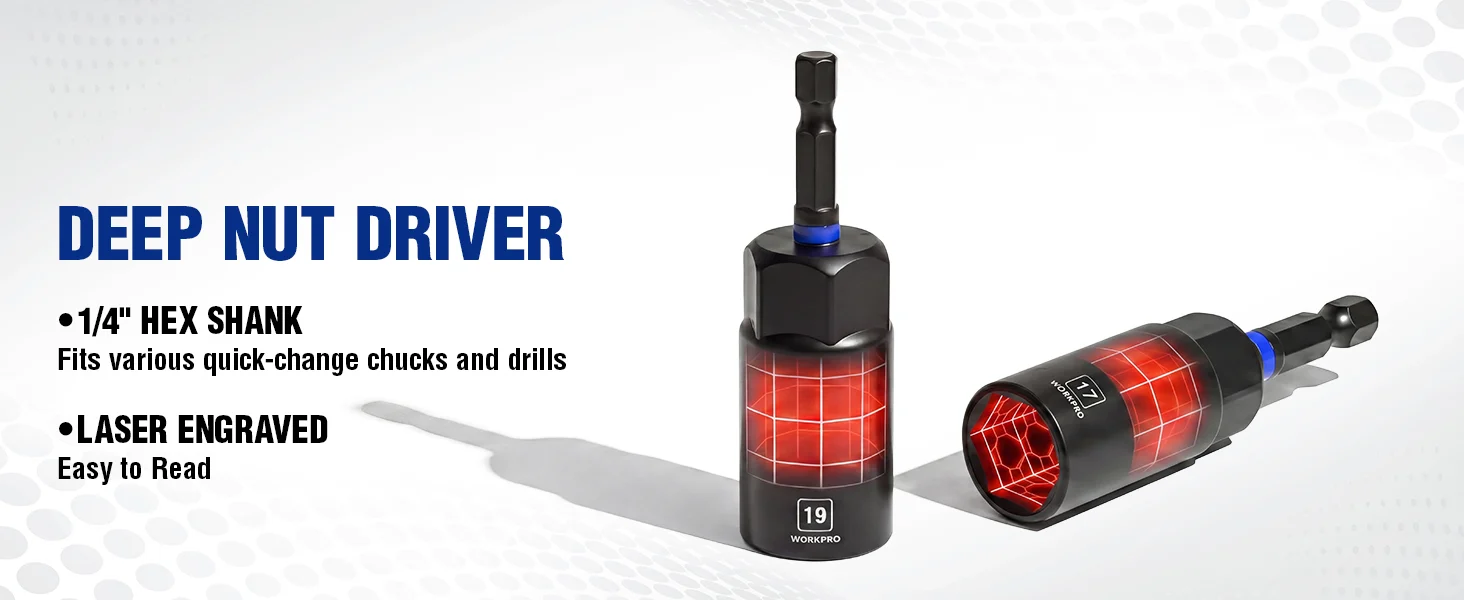 Deep nut driver with 1 4 hex shank, laser engraved text, and red grid light for innovation, quality, and durability