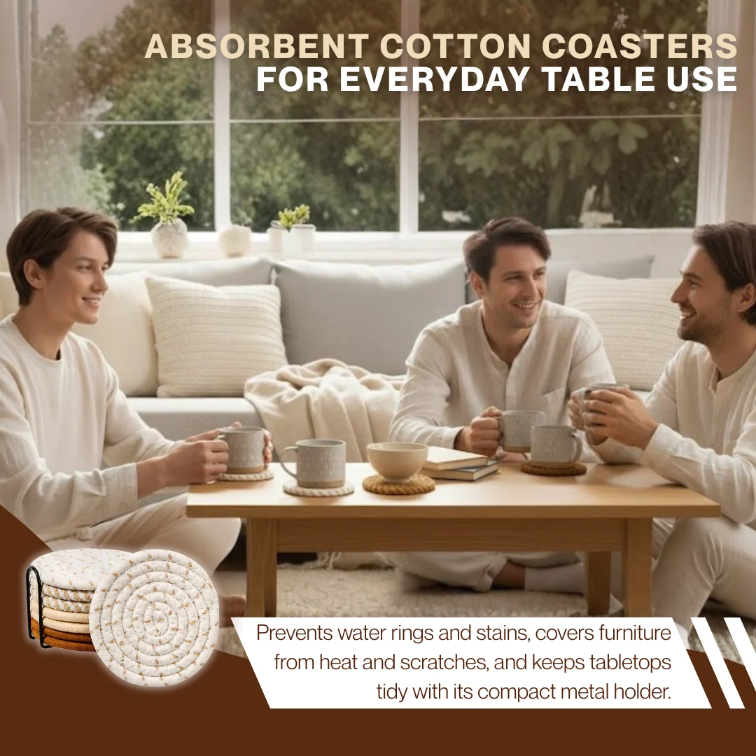 Absorbent Cotton Drink Coasters Set of 8 with Holder, 4 Colors