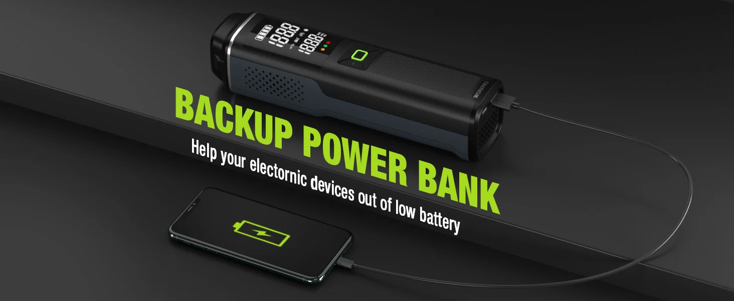 Portable power bank with glowing screen and cable charging a smartphone, showing innovation and quality
