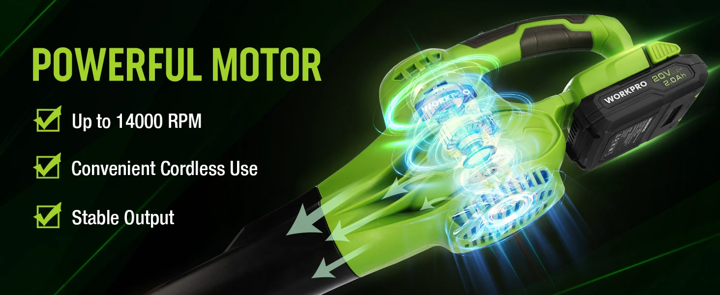 Green cordless power tool with glowing motor graphics, showing up to 14000 RPM and convenient cordless use