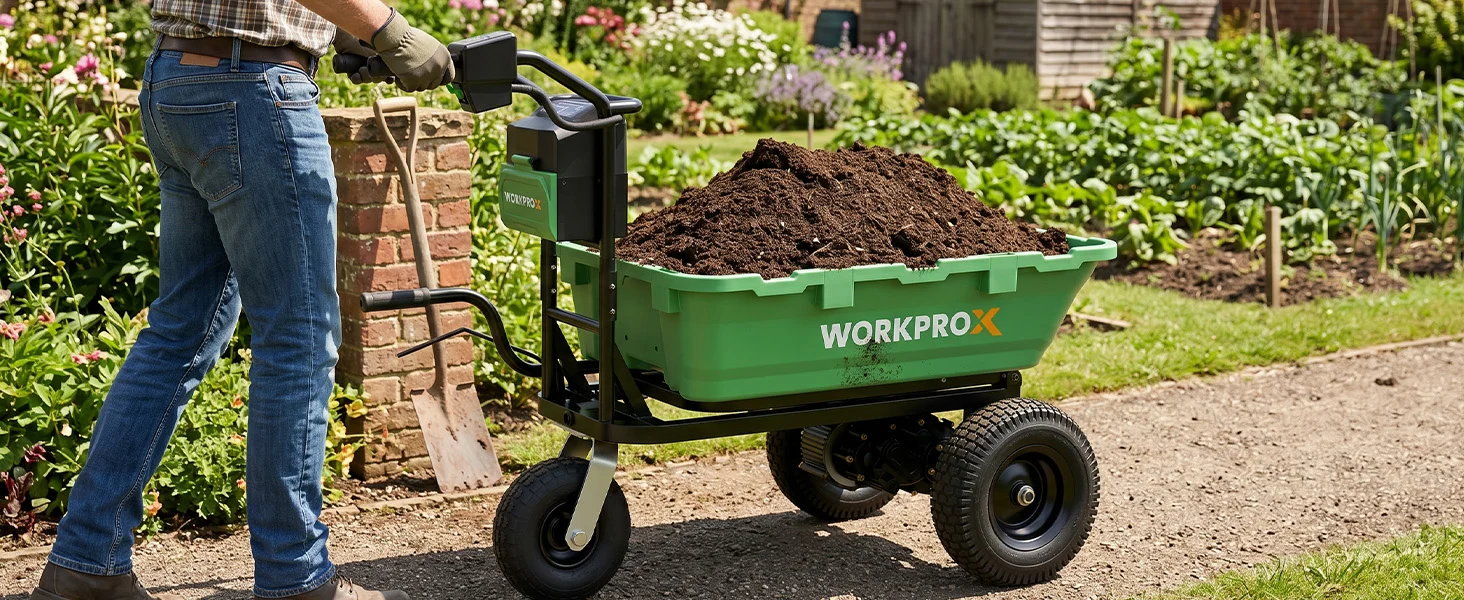 Garden wheelbarrow with soil being pushed by a person, innovation and quality in outdoor landscaping work